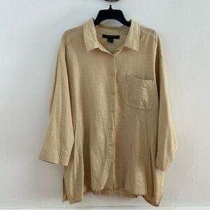 Ashley Stewart Linen Button Front Shirt, Plus Size 26, Tan Casual Neutral Top
